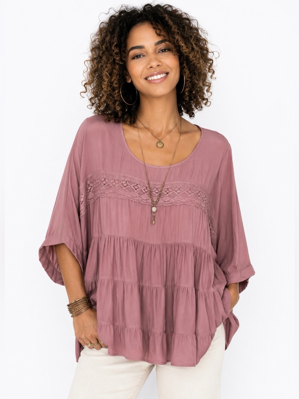 Easel ($75) Crochet Lace Tiered Babydoll Tunic Top - PTP 23 L 30